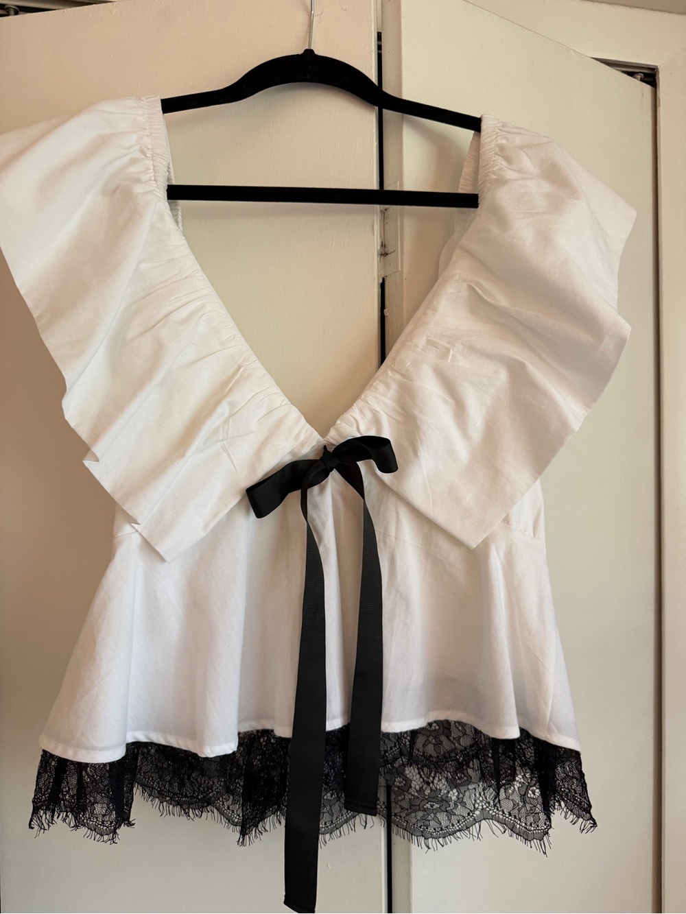 Anthropologie White Ruffle V-Neck Blouse with Black Ribbon & Lace Hem